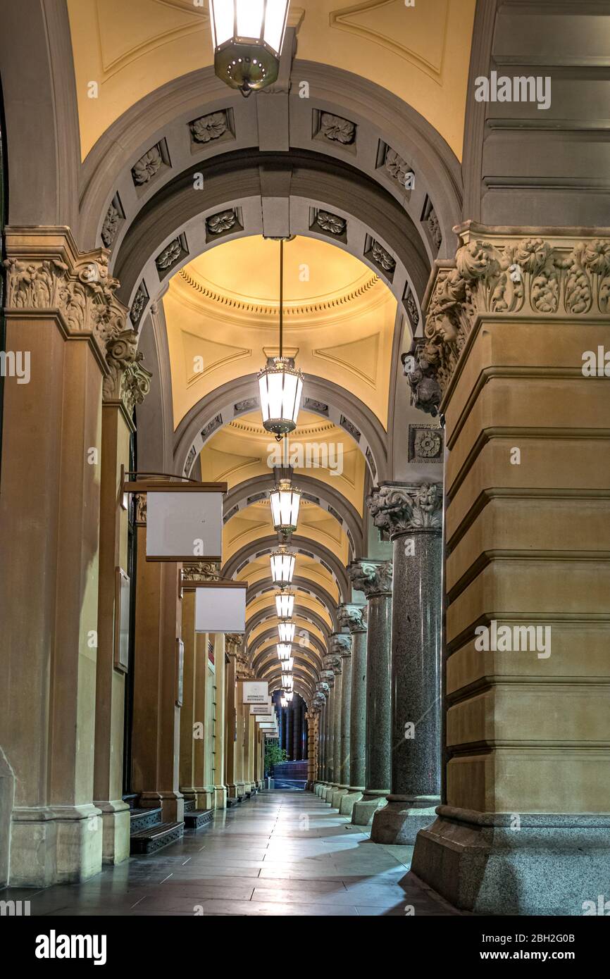 Columns of The General Post Office building at Martin Place at night in Sydney, Australia. Stock Photo