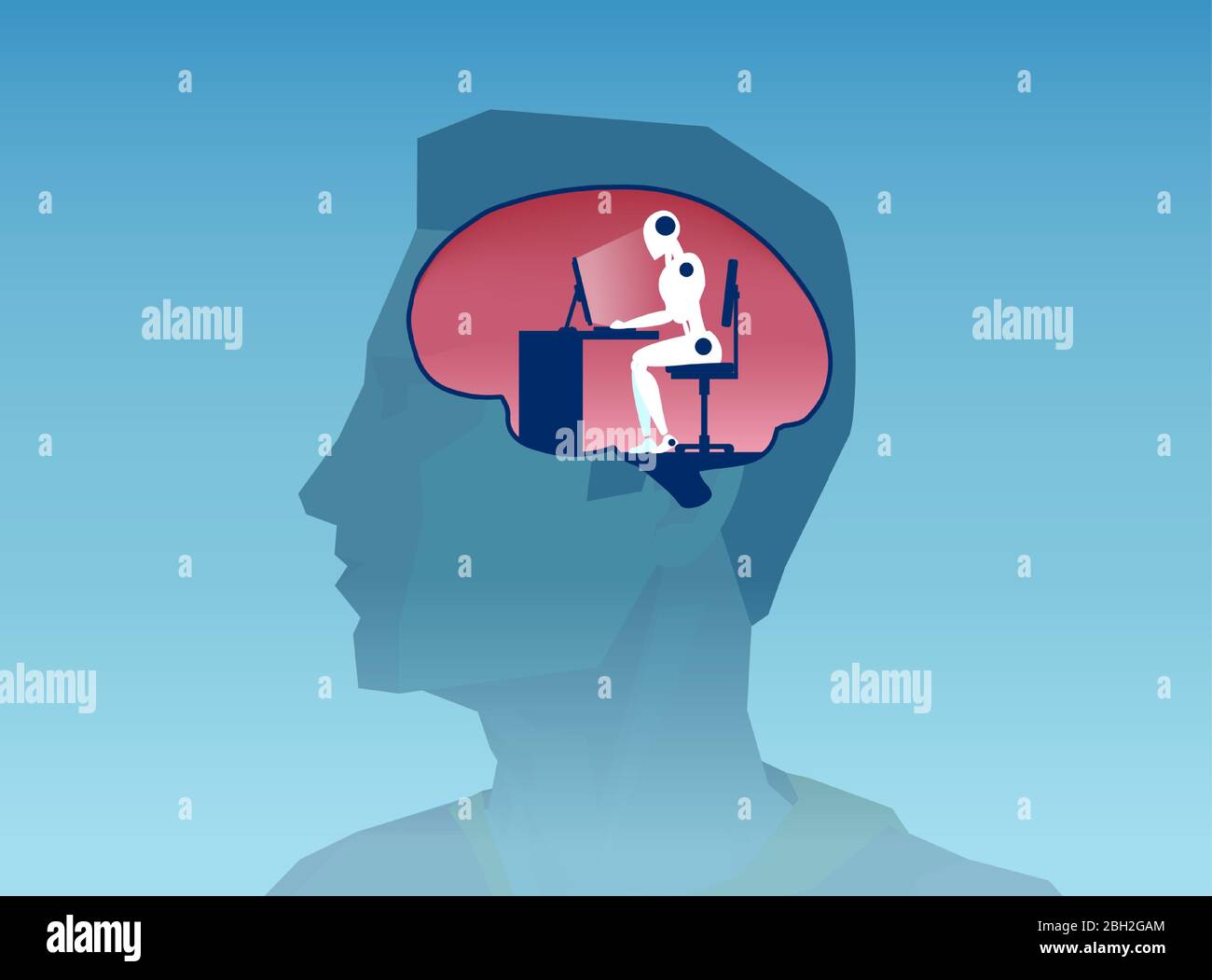 Vector of a man head silhouette with robot working on computer inside Stock Vector