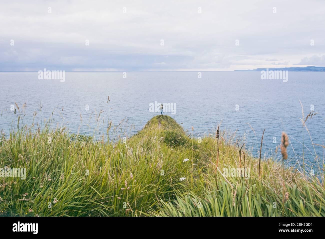 Young woman standing on grass at the cost, looking at the sea Stock Photo