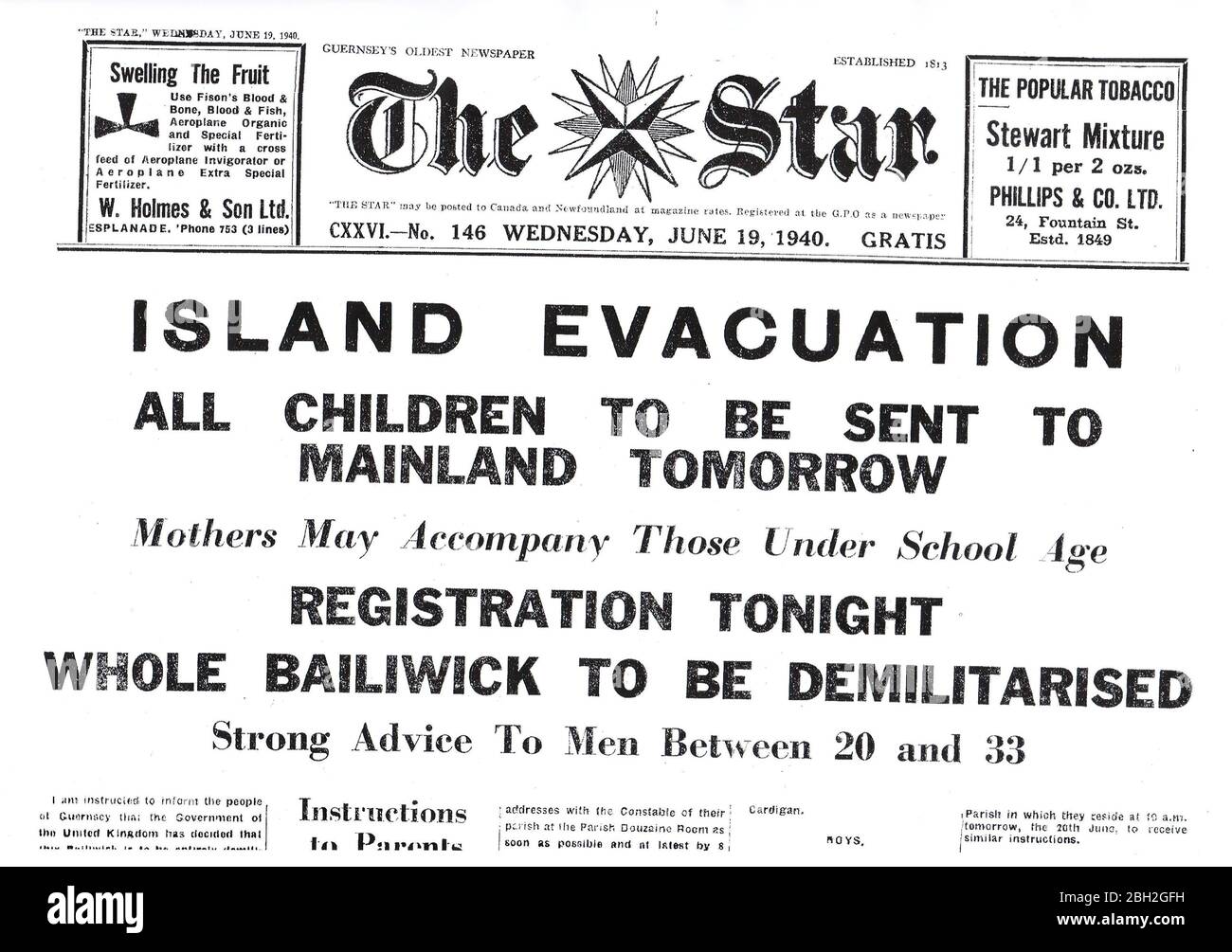 Guernsey ISLAND EVACUATION  ALL CHILDREN TO BE SENT TO MAINLAND TOMORROW  Mothers May Accompany Those Under School Age  REGISTRATION TONIGHT  WHOLE BAILIWICK TO BE DEMILITARISED Stock Photo