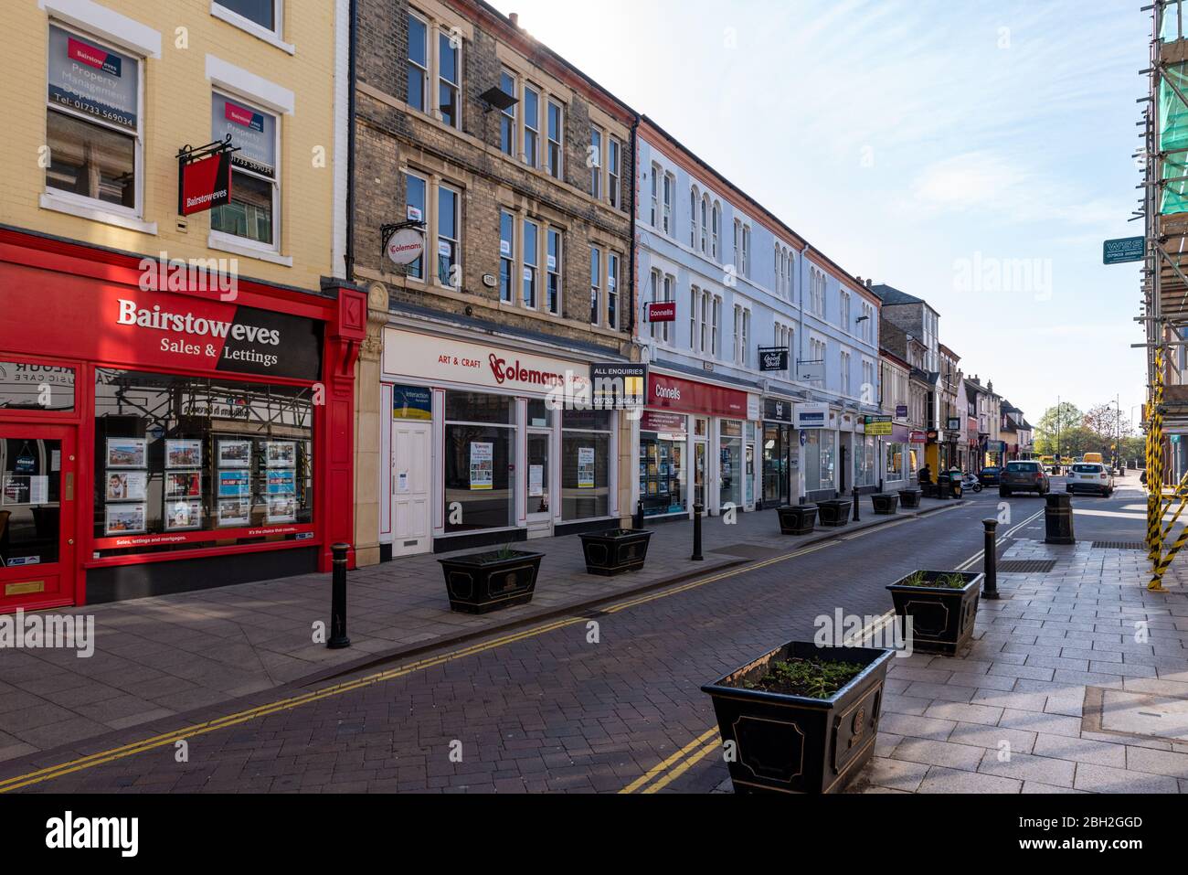 Peterborough City Centre's shops are closed while the UK is on coronavirus lockdown. Stock Photo