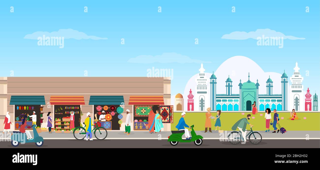 Vector of town from India with traditional buildings, people and busy street food market Stock Vector