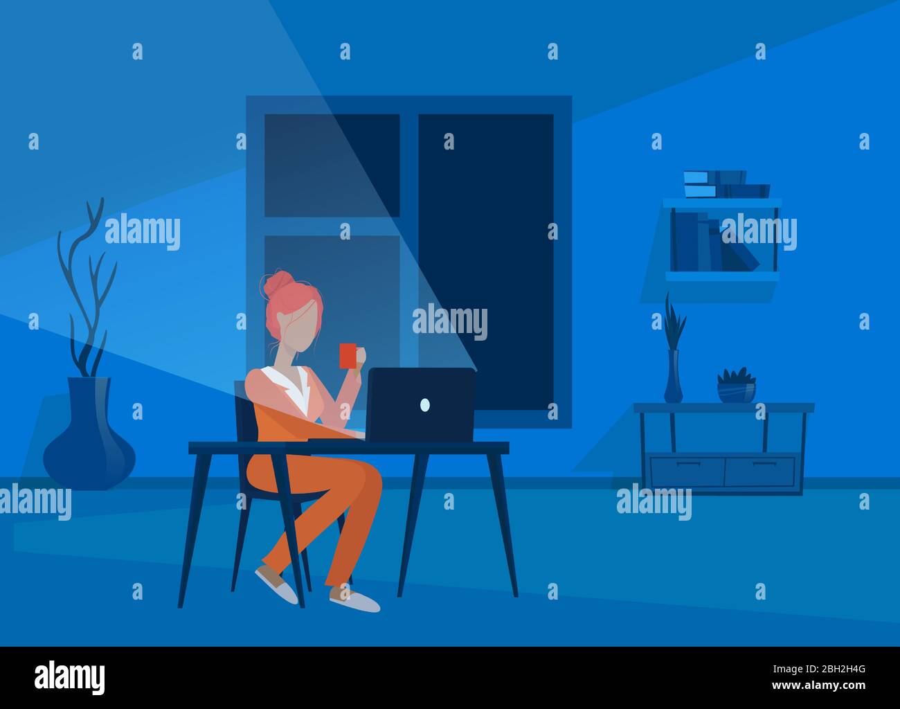 Vector of a young woman working in her apartment at night, sitting at her desk using laptop computer. Stock Vector
