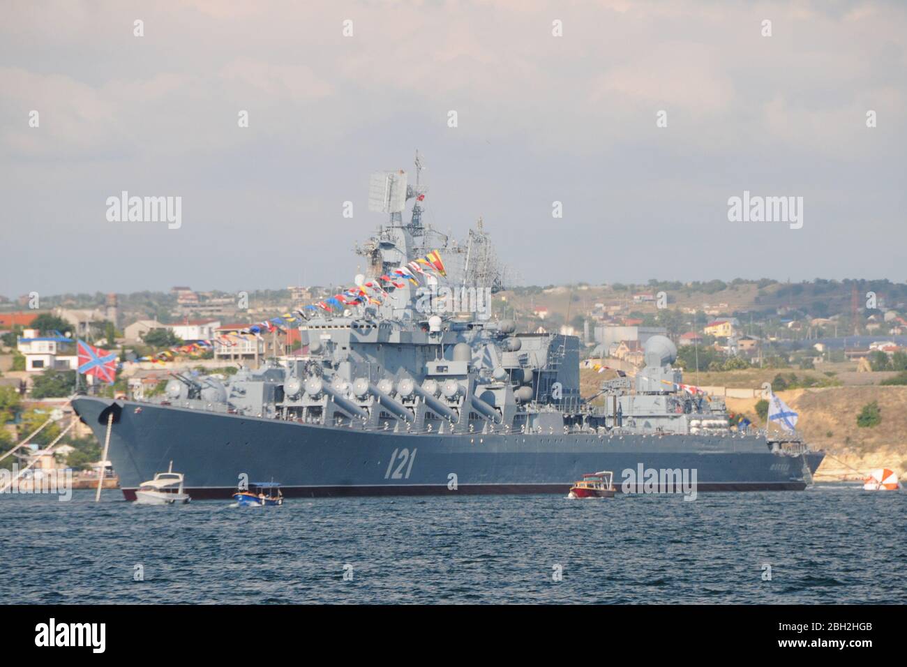 Sevastopol, Russia, July 29, 2018. Slava class cruiser 'Moskva' in a raid during the celebration of the Day of the Russian Navy Stock Photo
