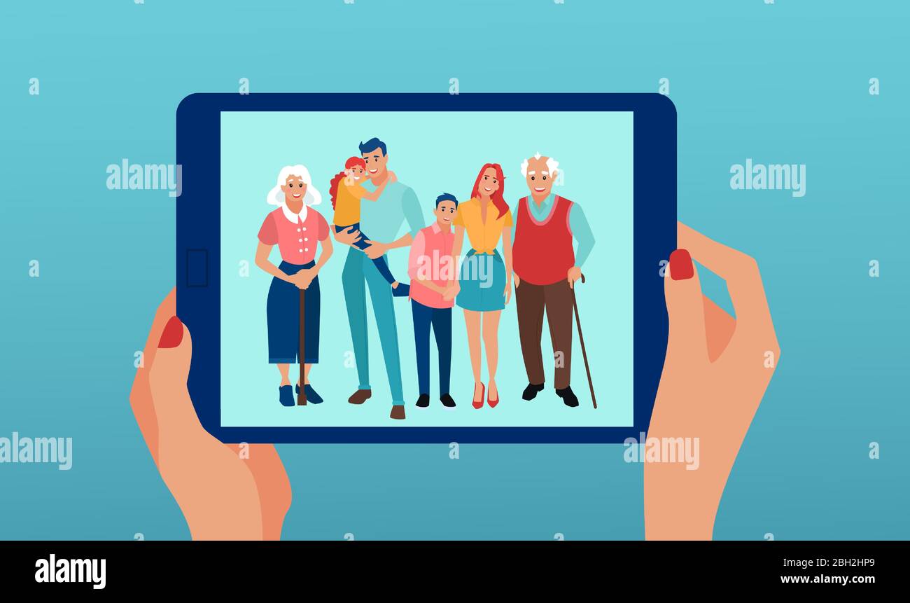 Vector of a woman hands holding tablet computer having video chat with happy smiling family Stock Vector