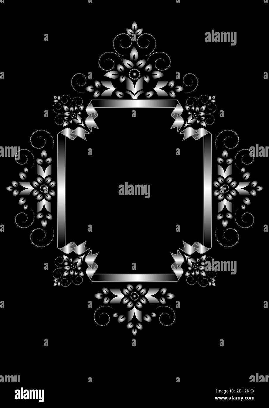 Silver rectangular ribbon frame with curved edges and swirling patterns of strokes with stylized flowers and leaves on black background Stock Photo