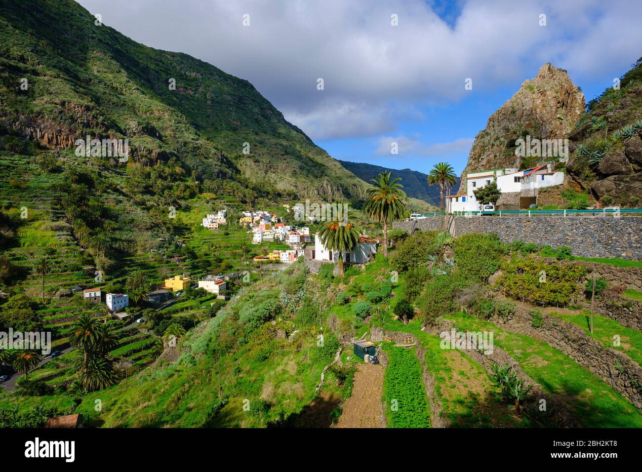 Spain, Province of Santa Cruz de Tenerife, Hermigua, Rural village located in green valley of La Gomera island Stock Photo
