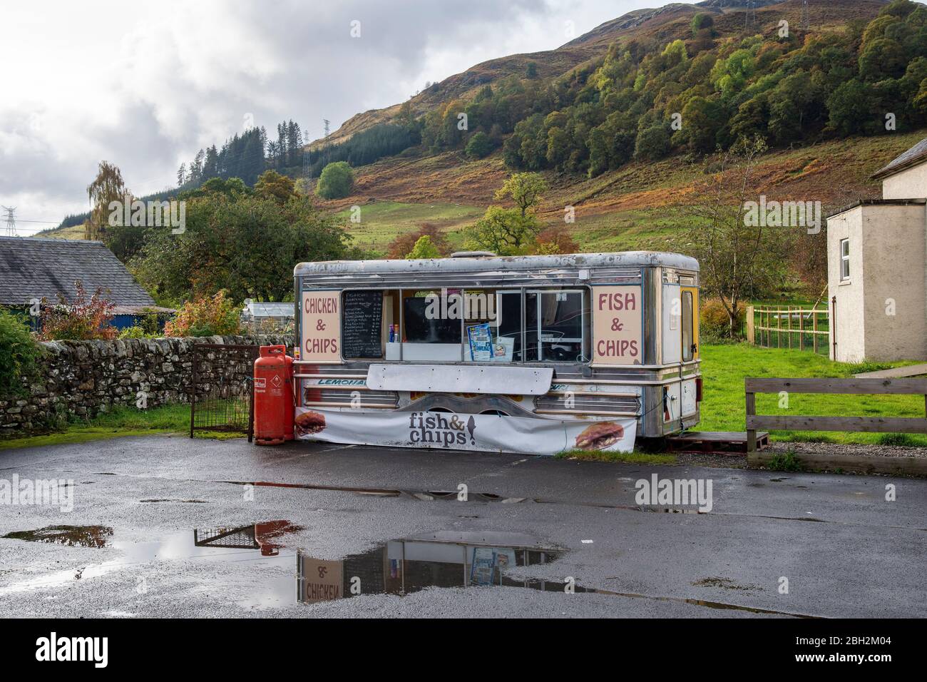 The famous Fish and Chip van parked in the village of Killin, Stirling, Perthshire Scotland. Stock Photo