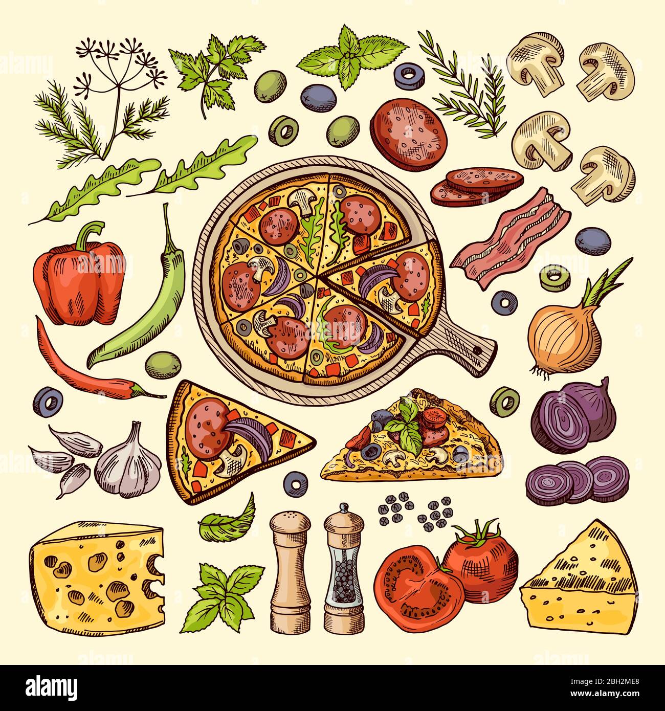 Slices of pizza with cheeses, olives and other ingredients. Vector hand drawn illustrations italian pizza ingredient, vegetable mushroom and garlic Stock Vector