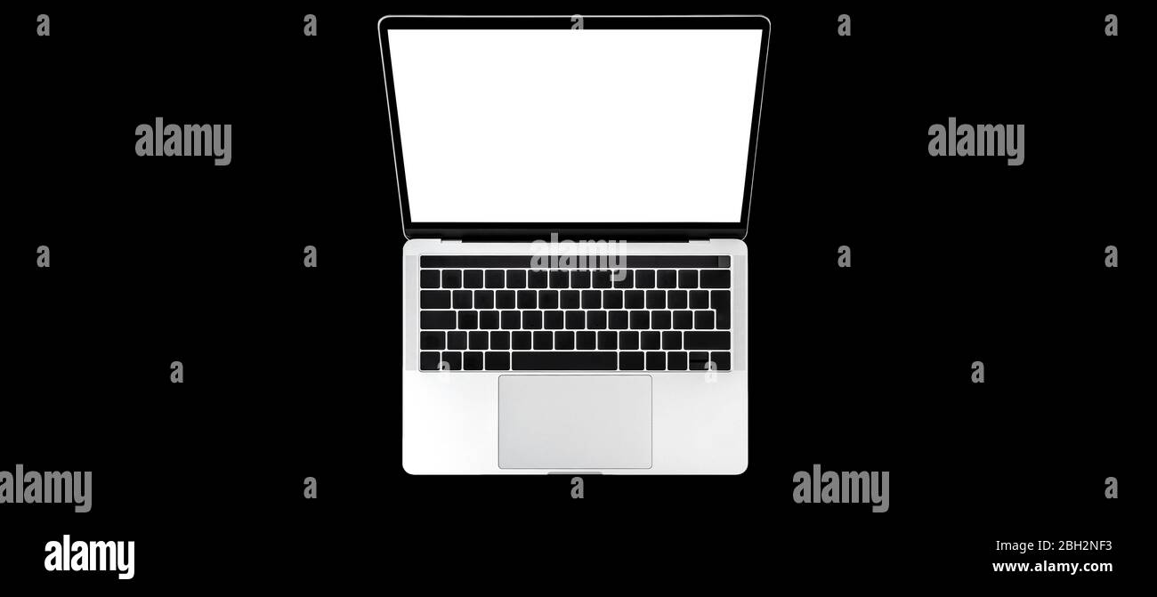 Laptop computer keyboard with white screen on black background Stock Photo