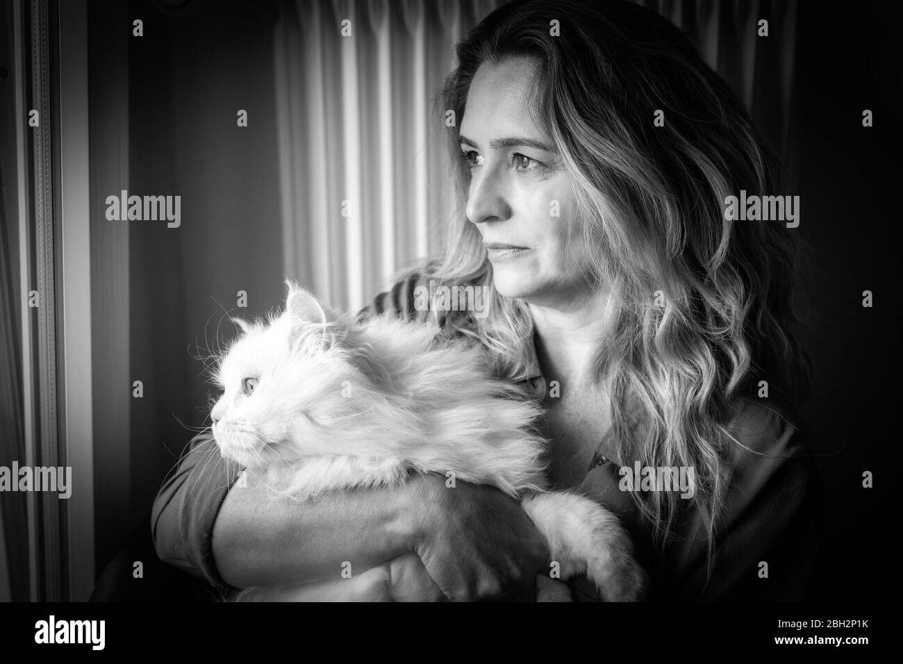 picture of a woman with her withe cat Stock Photo
