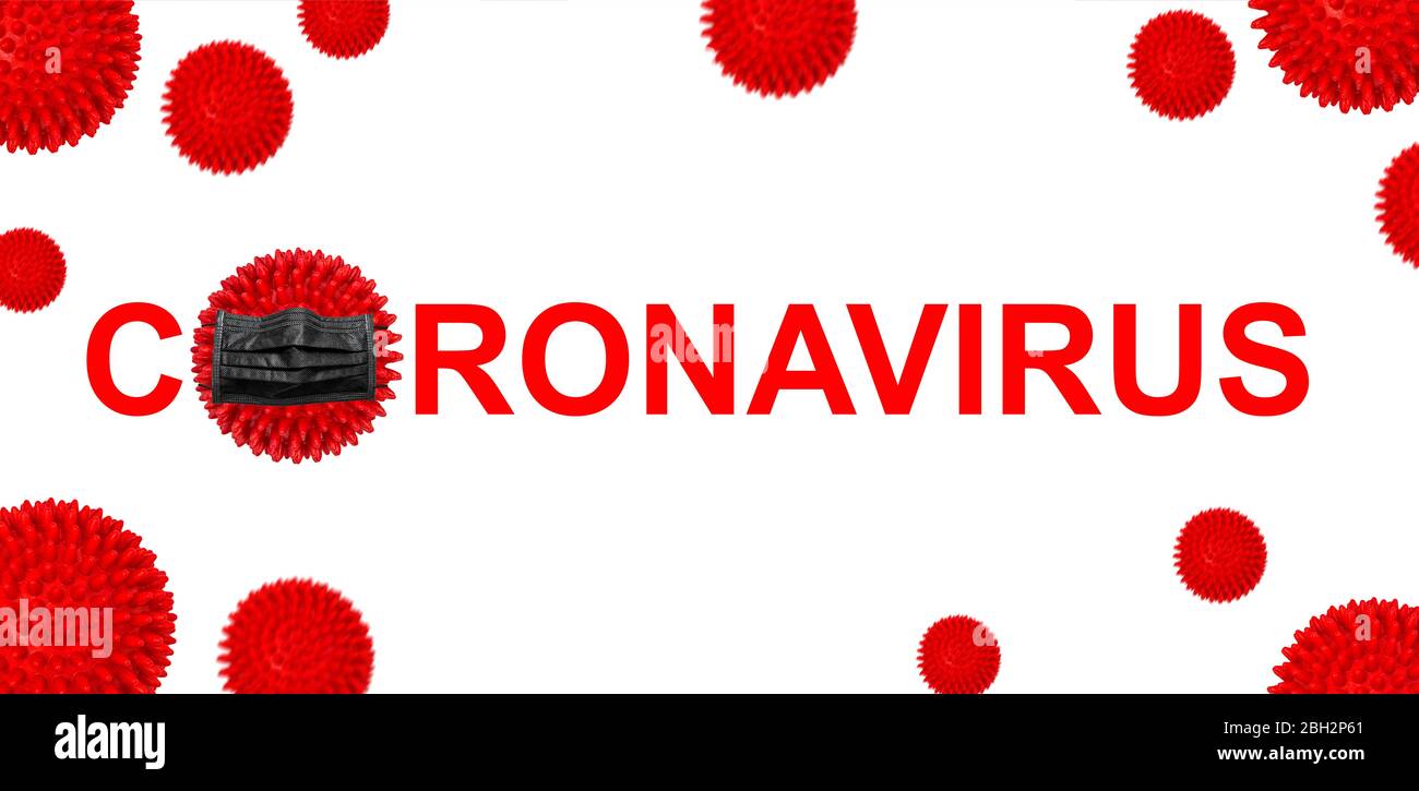 Coronavirus pandemic. Covid-19 Corona virus model with black mask Stock Photo