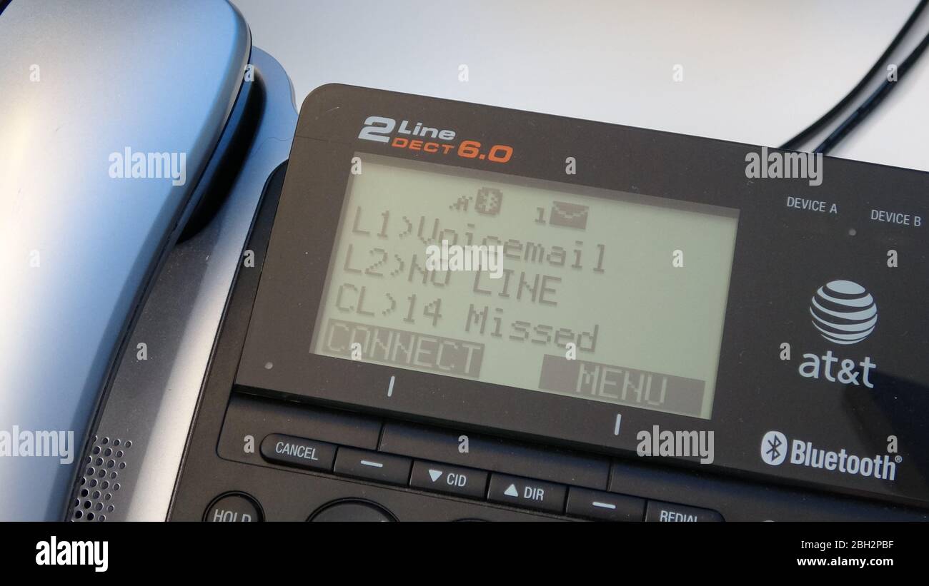 Close-up of business or office phone from ATT, with Bluetooth logo, San ...