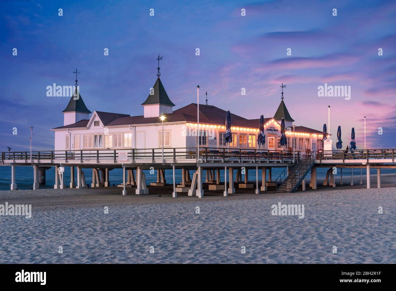 art nouveau wooden pier in Usedom, Ahlbeck , Stock Photo