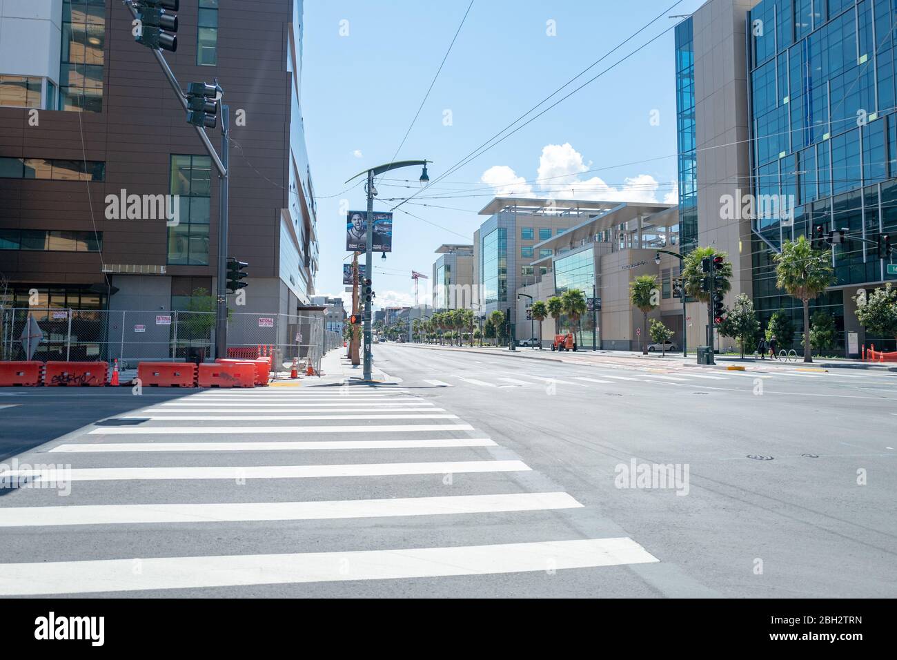 Streets were nearly empty during a shelter in place order in Mission Bay, San Francisco, California during an outbreak of the COVID-19 coronavirus, March 26, 2020. () Stock Photo