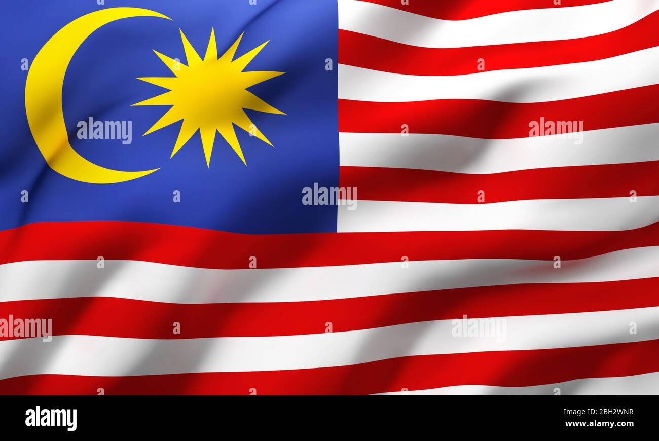 Flag of Malaysia blowing in the wind. Full page Malaysian flying flag. 3D illustration. Stock Photo