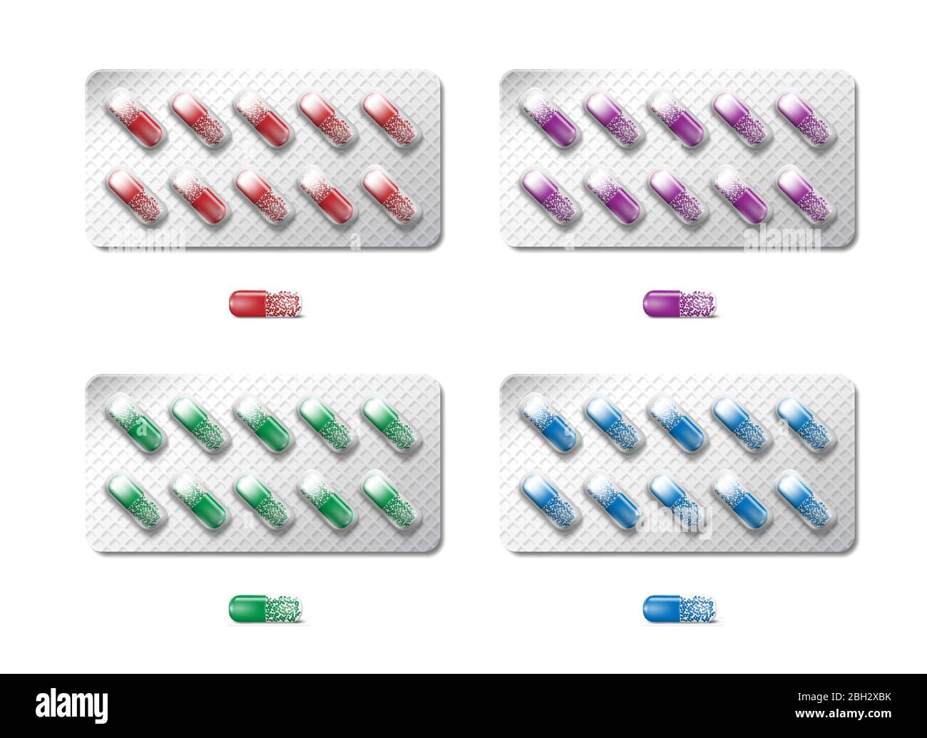 Medicine painkiller pills packaging. Realistic 3d colored drugs in blister isolated. Vitamin capsule drug blister pack. Medical care pharmaceutical Stock Vector