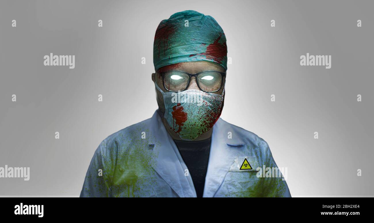 Creepy Murderous Infected Zombie Doctor With Blood Stains In A Pandemic - Isolated Stock Photo