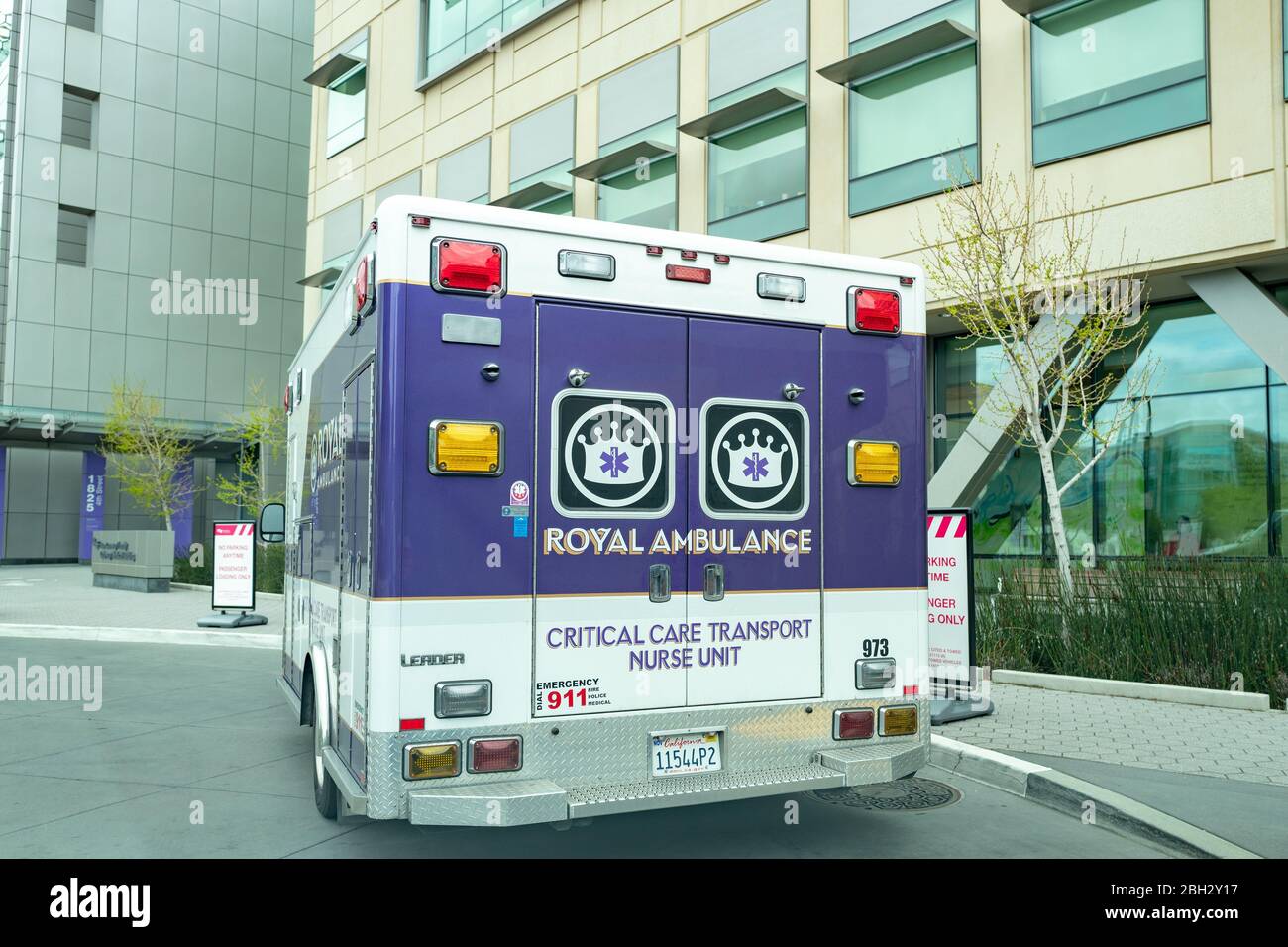 Critical care transport ambulance at UCSF medical center during outbreak of COVID-19 coronavirus, San Francisco, California, March 30, 2020. () Stock Photo