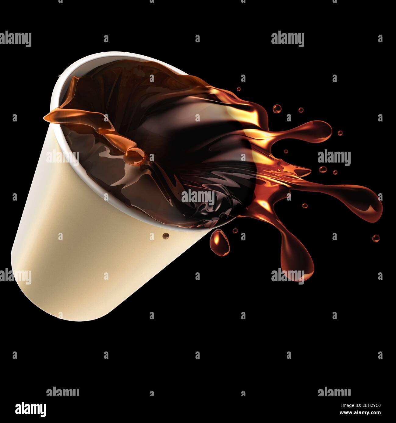 Coffee spilling out of paper cup. Accident. Spill. Falling. Dropped. Isolated on a Black Background Stock Photo