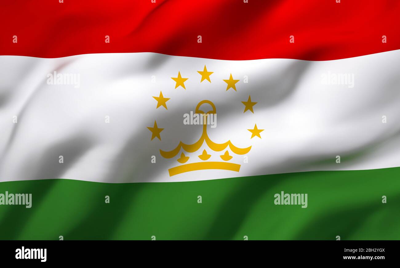 Flag of Tajikistan blowing in the wind. Full page Tajik flying flag. 3D illustration. Stock Photo