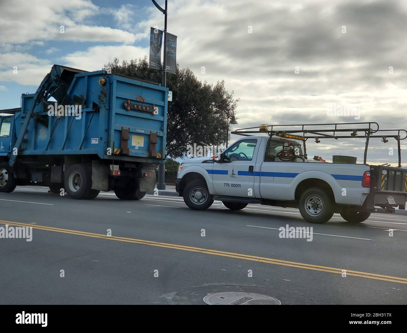 Trash service, deemed essential, continued during an outbreak of the COVID-19 coronavirus in San Francisco, California, March 30, 2020. () Stock Photo