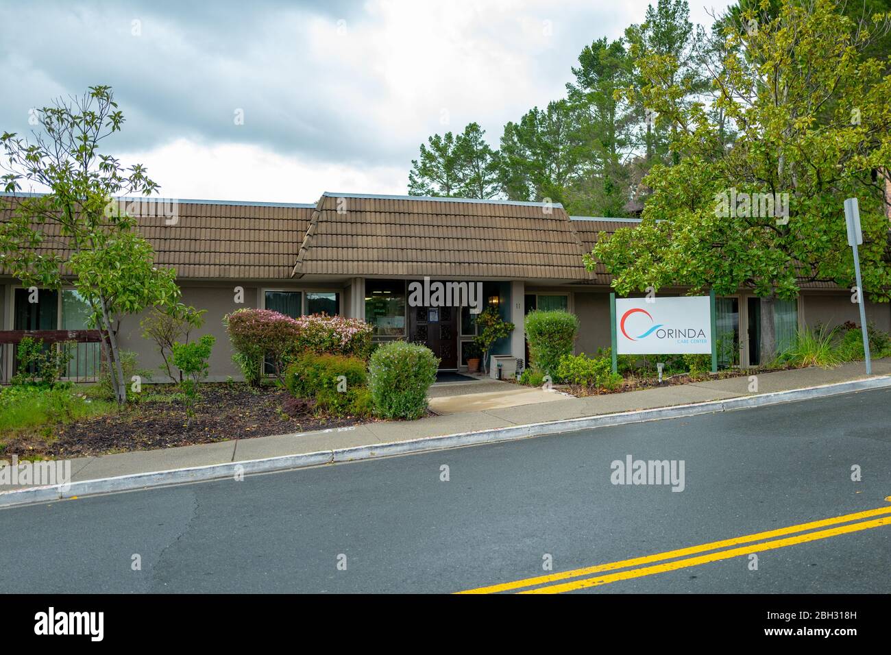 Facade of the Orinda Care Center nursing home in Orinda, California, the site of a major outbreak of the COVID-19 coronavirus, April 6, 2020. () Stock Photo