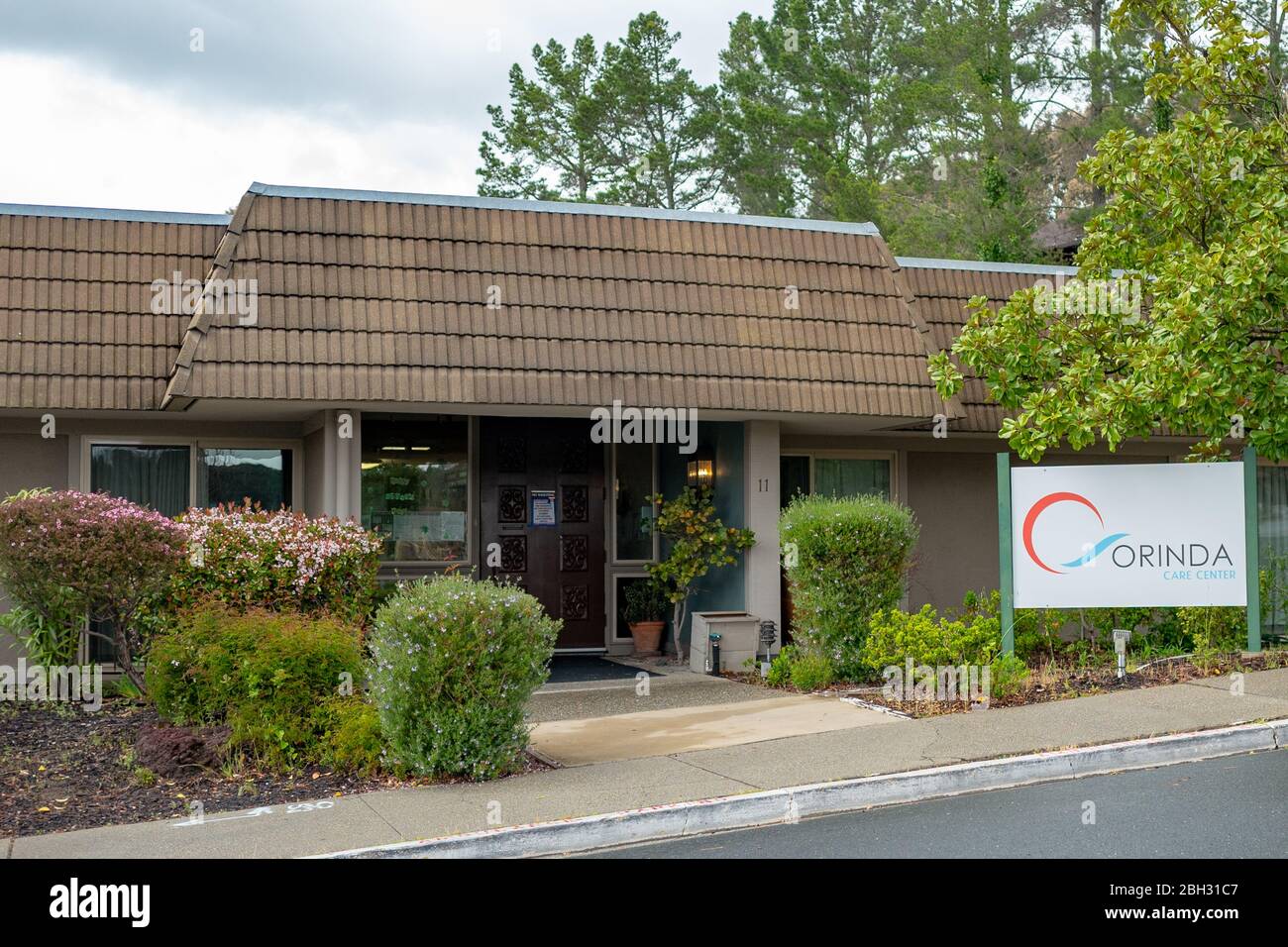 Facade of the Orinda Care Center nursing home in Orinda, California, the site of a major outbreak of the COVID-19 coronavirus, April 6, 2020. () Stock Photo