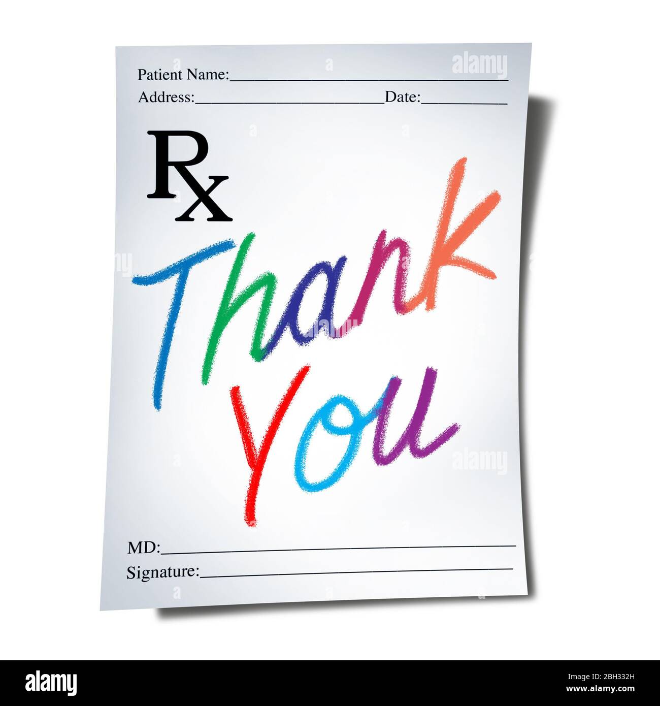 Healthcare thank you and appreciation for healthcare workers and global health care thanks as a doctor prescription note for pharmacy medicine. Stock Photo