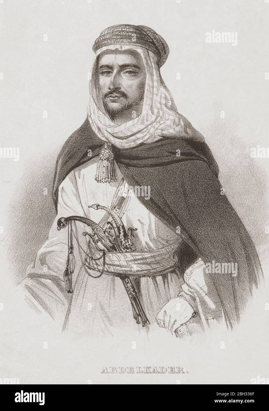 Abdelkader ibn Muhieddine, 1808 – 1883.  Also known as Emir Abdelkader, Abdelkader El Djezairi and Abd al-Qadir.  Algerian leader who led struggle against 19th century French colonial invasion.  After a 19th century work by an unknown artist. Stock Photo