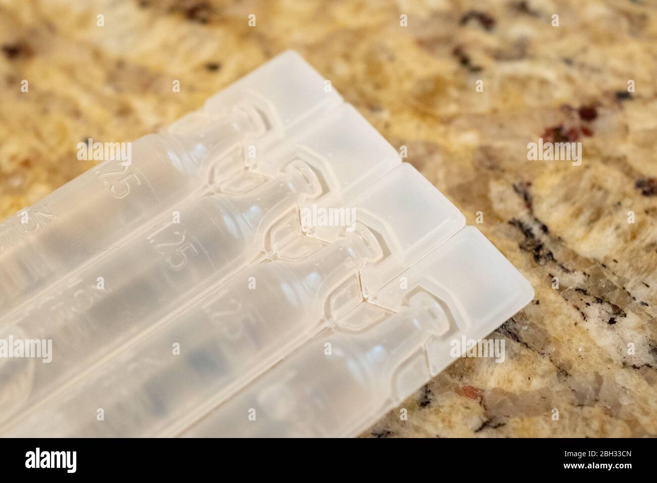 Close-up of nebulizer vials of the respiratory medication albuterol sulfate, a medication often used in the treatment of the COVID-19 coronavirus, April 11, 2020. () Stock Photo
