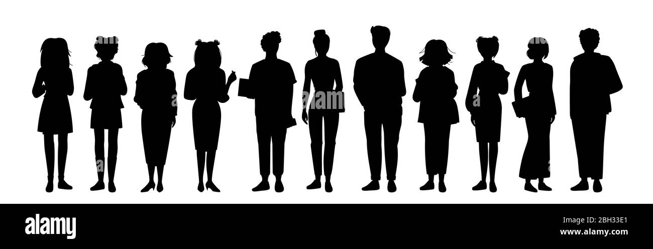 Set young people student black flat silhouette set. Monochrome group man womans casual clothes laptop, smartphone. Different nations representatives, gadgets in hand. Isolated vector illustration Stock Vector