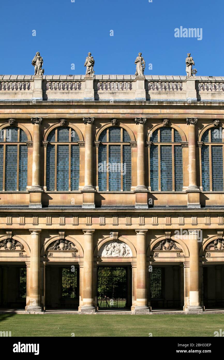 Statues Divinity, Law, Physic (medicine), and Mathematics, by Caius Gabriel Cibber, Wren Library, Nevile’s Court,Trinity College, Cambridge, England, Stock Photo