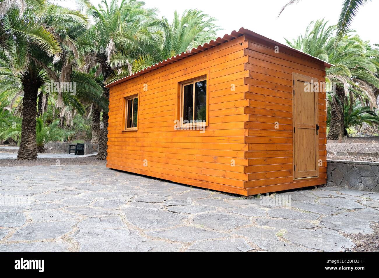 Simple wooden cabin with windows and roof in corrugated iron, surrounded by  palms, low angle view Stock Photo - Alamy