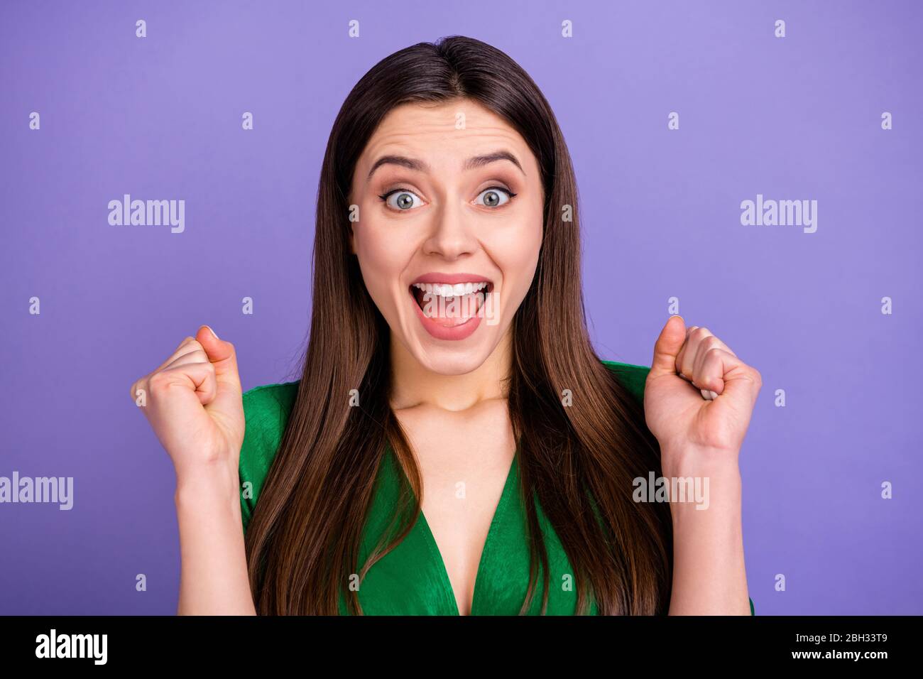 Closeup photo of pretty attractive lady white perfect teeth open mouth ...