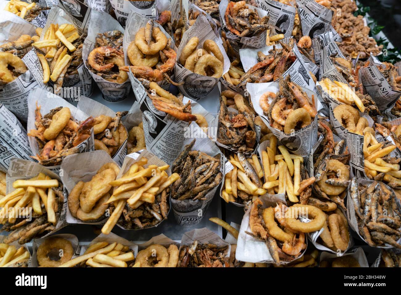 fish snacks in Boqueria market, Mercat de Sant Josep de la Boquería, Barcelona, Catalonia, Spain Stock Photo