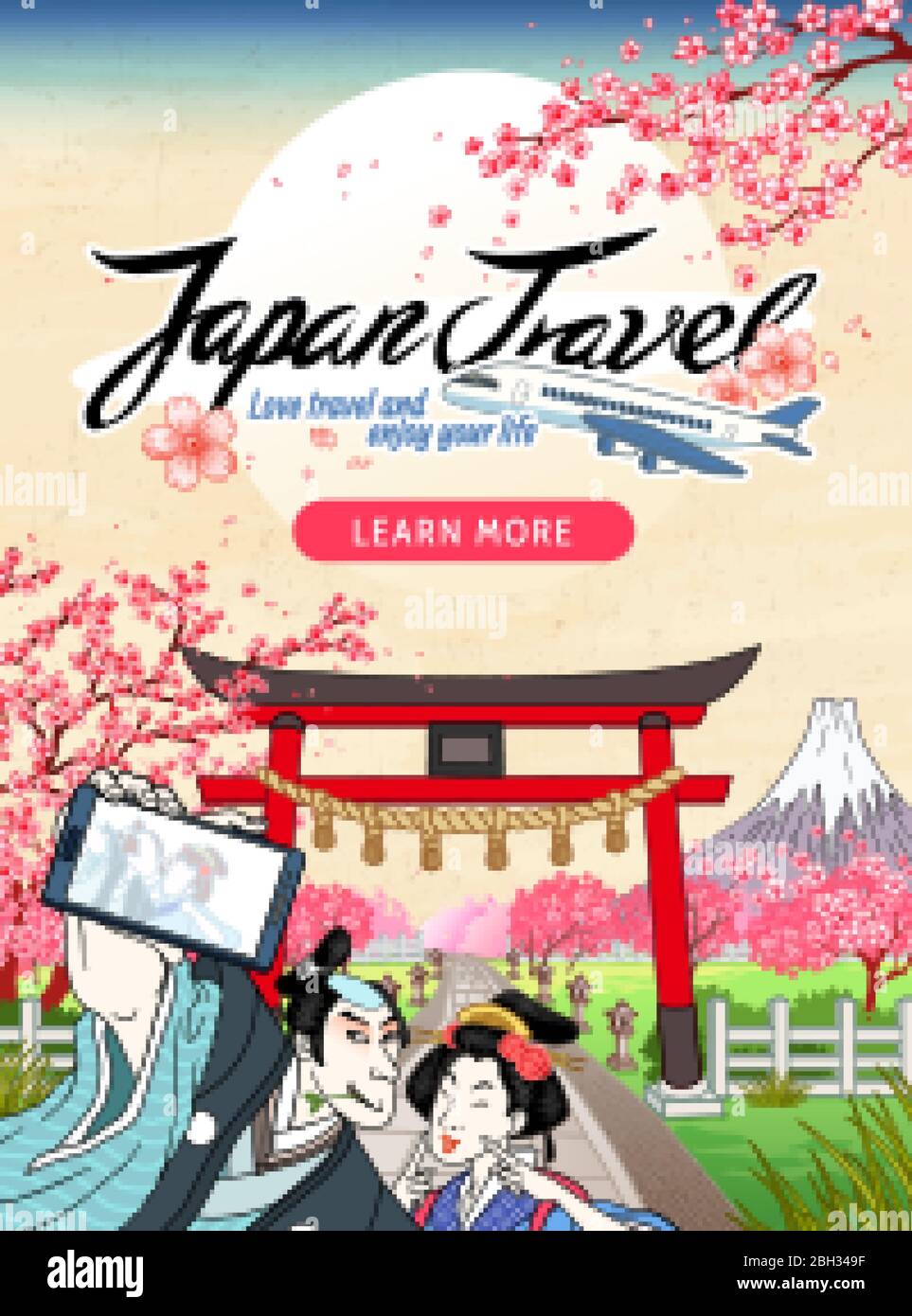 Japanese geisha and samurai taking selfie together in front of traditional shrine gate in Ukiyo-e style, for tourism promo use Stock Vector