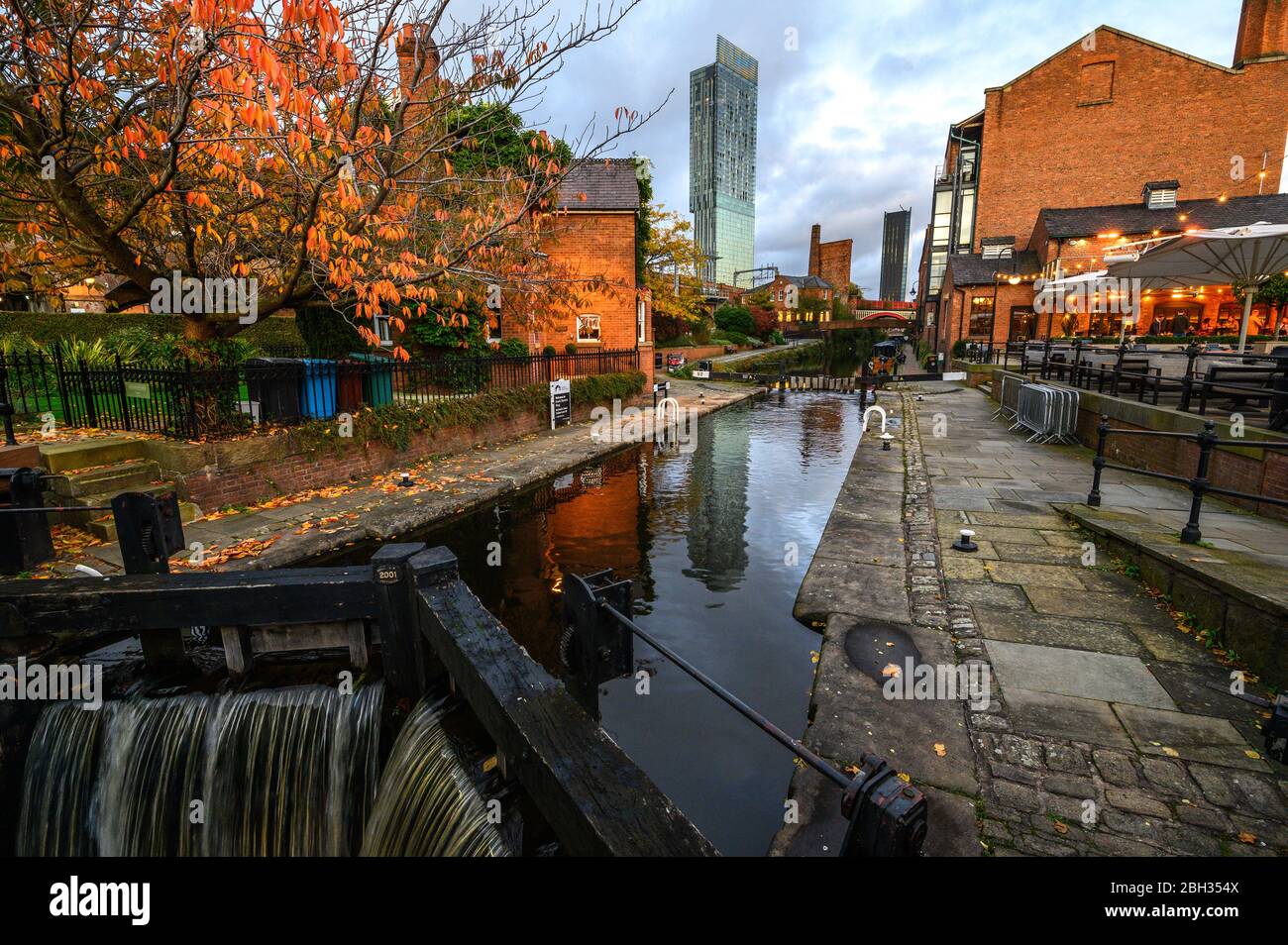 View of Manchester tallest building Beetham Tower, reflecting in Canal Stock Photo