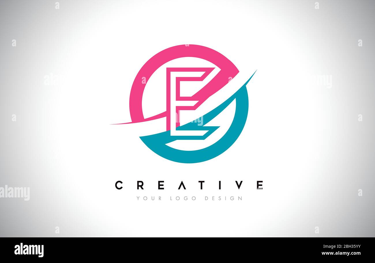 E Letter Design logo icon with circle and swoosh design and blue pink ...