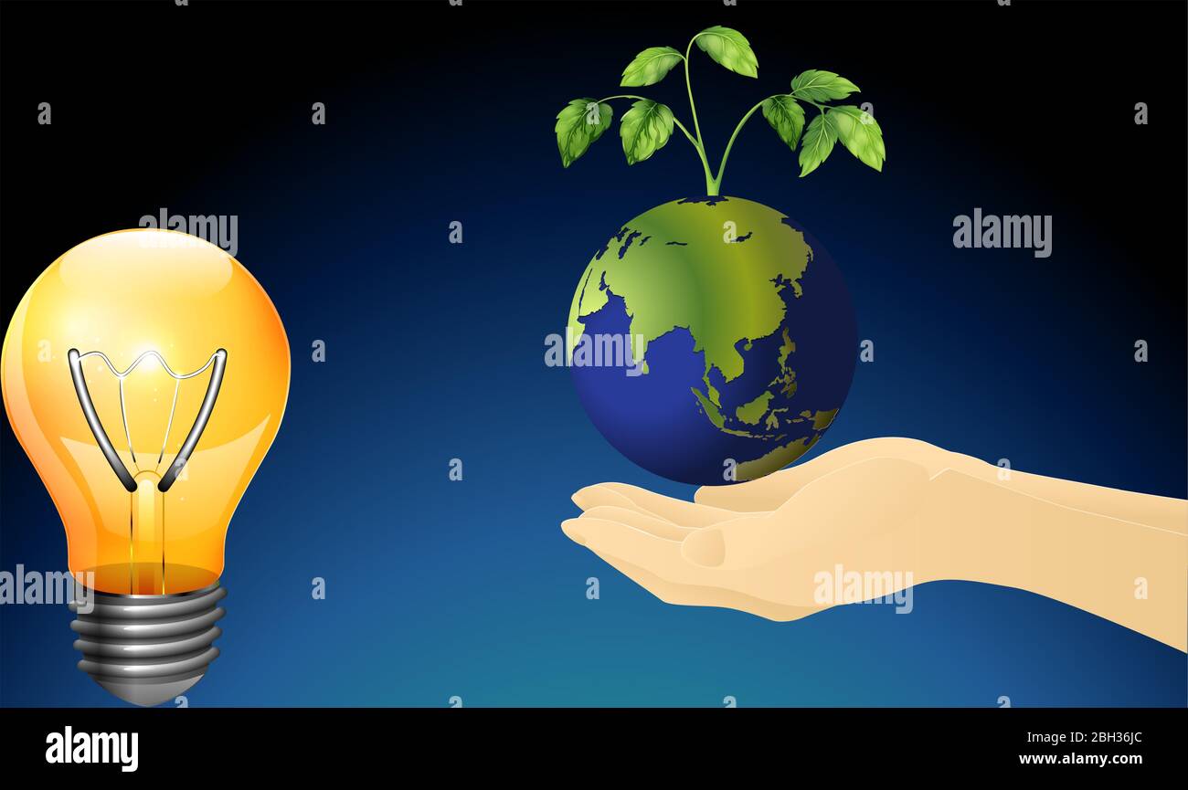 hands carrying earth and tree with light bulb technology Stock Vector