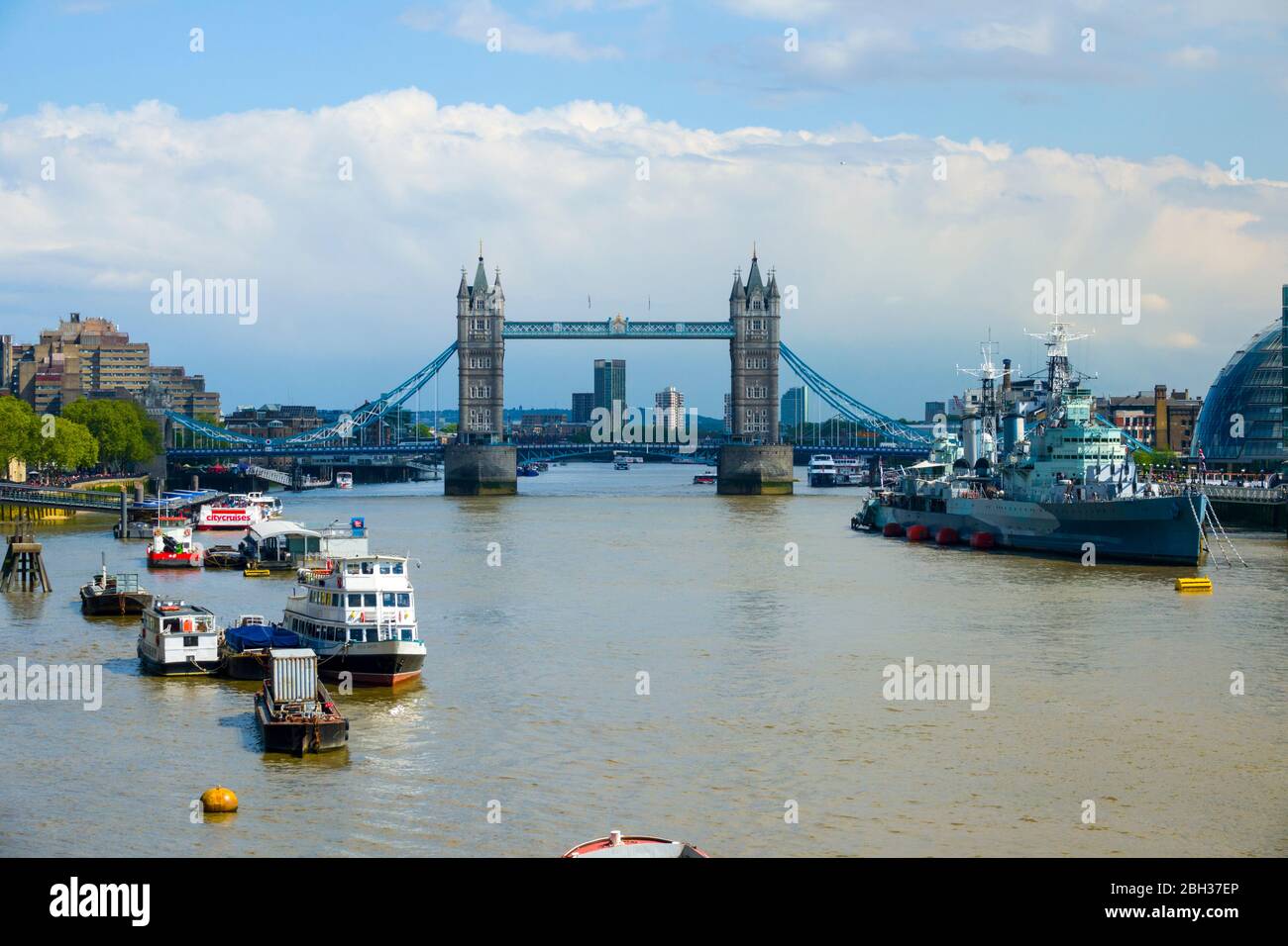 Boat Traffic Tower Bridge London England United Kingdom Capital River Thames UK Europe EU Stock Photo