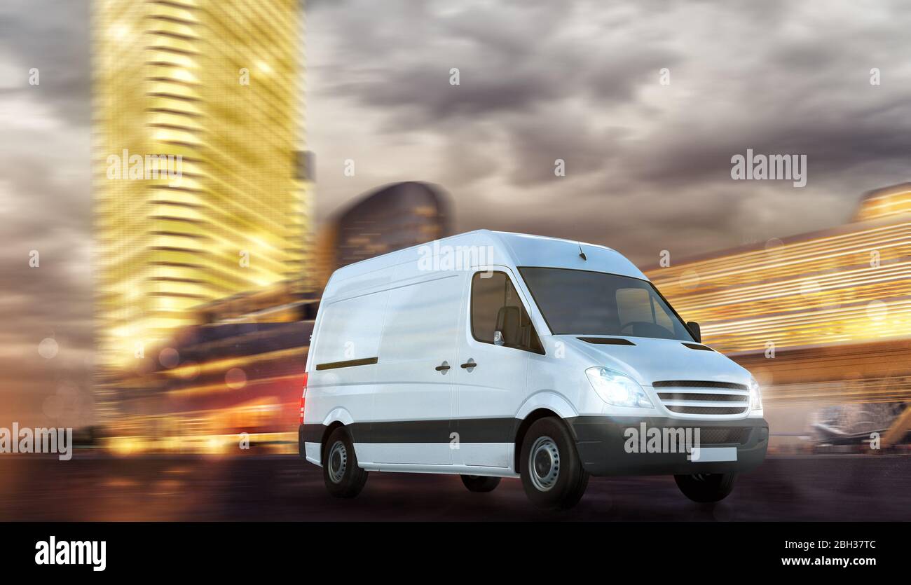 Super fast delivery of package service with a moving van on modern cityscape Stock Photo