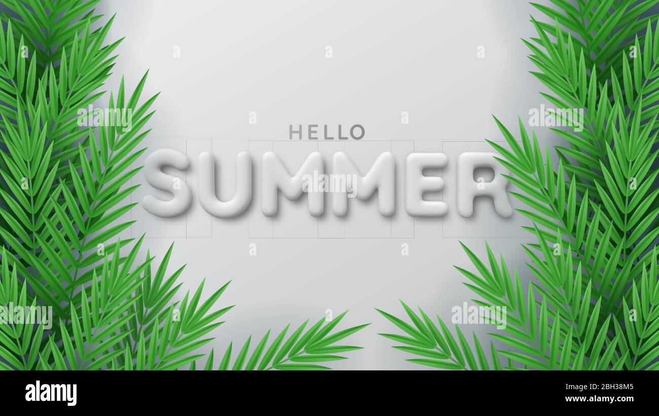 Background of tropical plants and 3d white summer inscription. Hello summertime. Palm leaves, jungle leaf. Realistic 3d illustration. The poster for Stock Vector