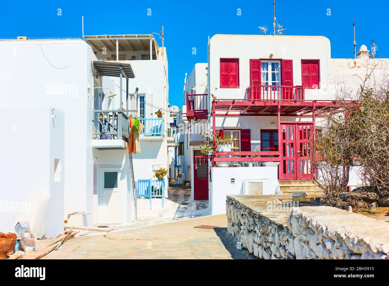 Whitewashed houses in Mykonos island, Chora town, Greece Stock Photo ...