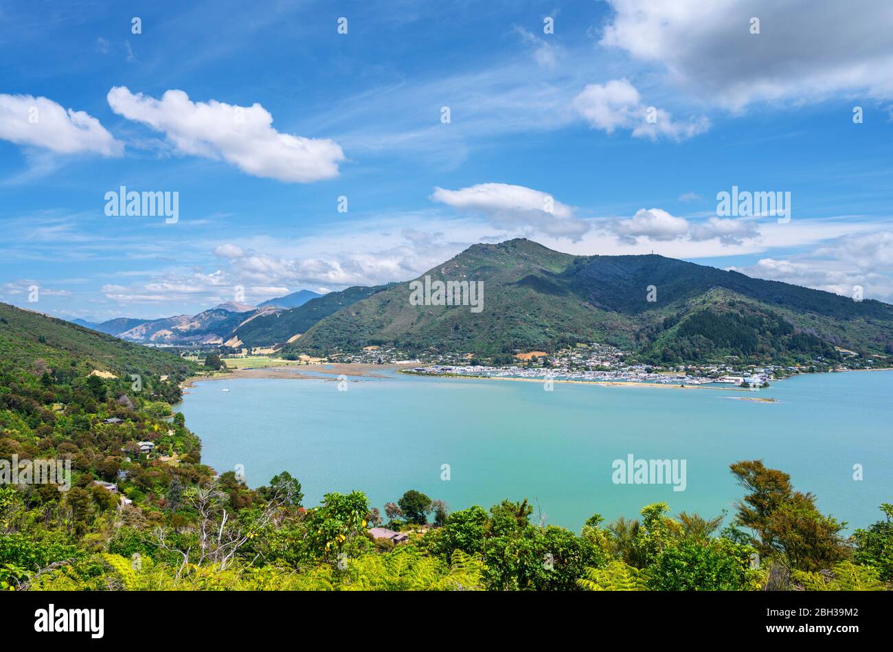 View over Pelorus Sound, towards Havelock, from Cullen Point Scenic Reserve, Marlborough Sounds, South Island, New Zealand Stock Photo