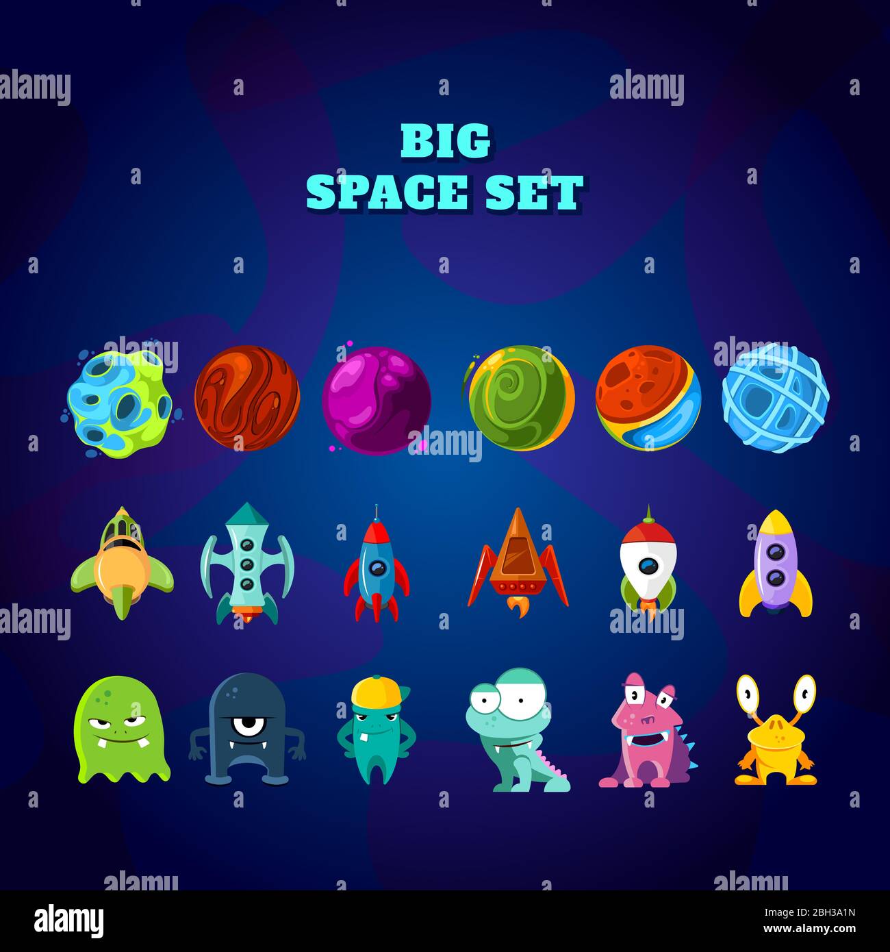 Big space set. Set of space elements. planets, rockets and monsters. Vector space monster and planet, spaceship and rocket illustration Stock Vector