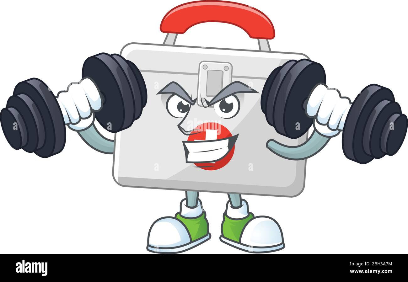 Fitness exercise first aid kit cartoon character using barbells Stock ...