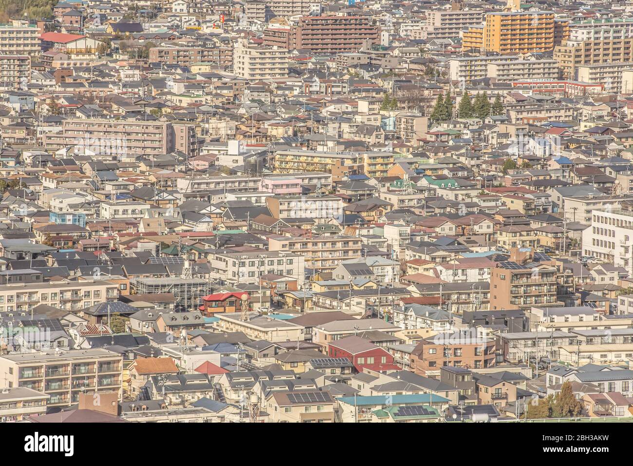 The aerial view towards the residential area of Sendai. Houses in