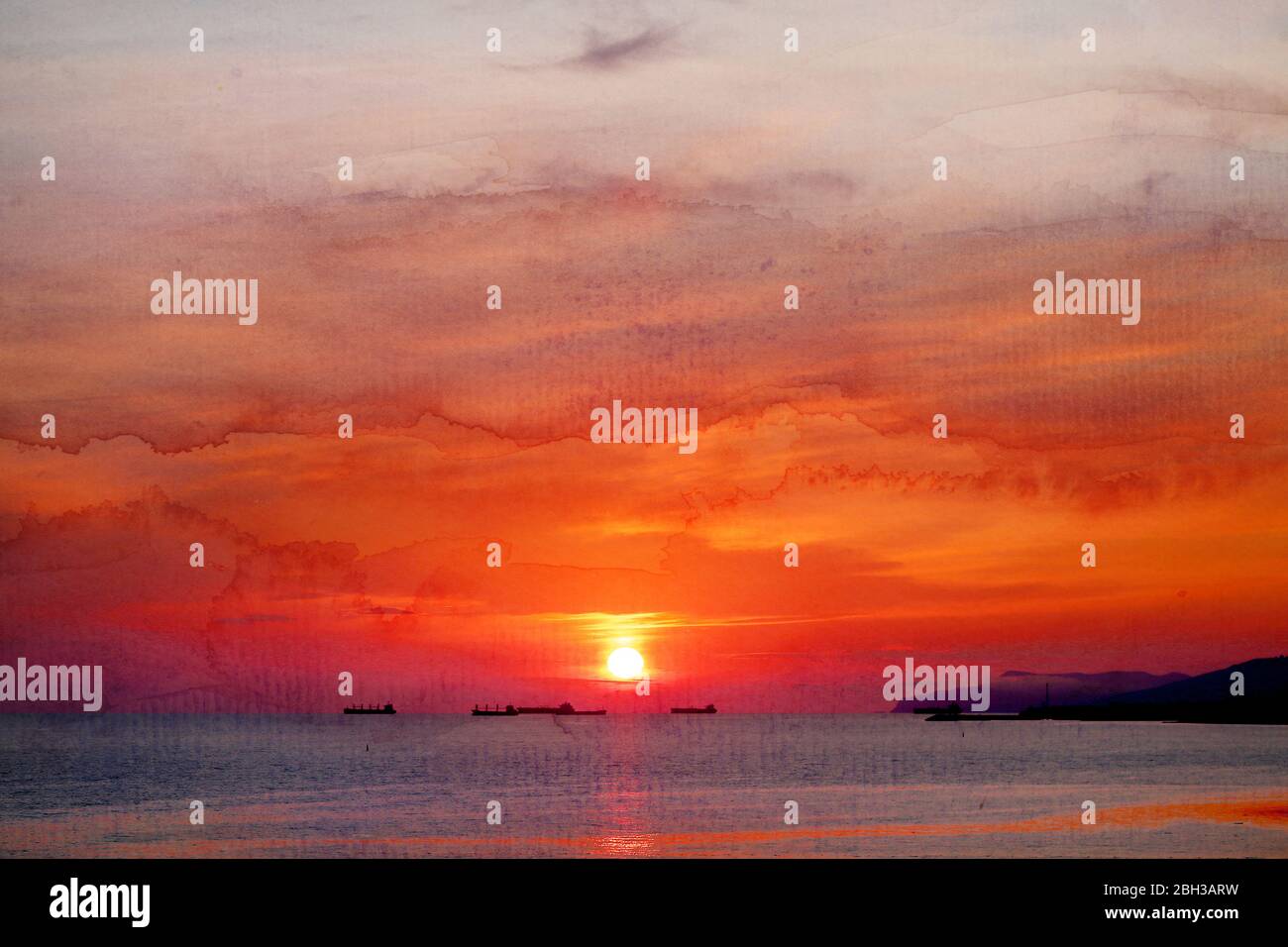 Photo of a beautiful sunset on the sea with ships. Sea background for ...