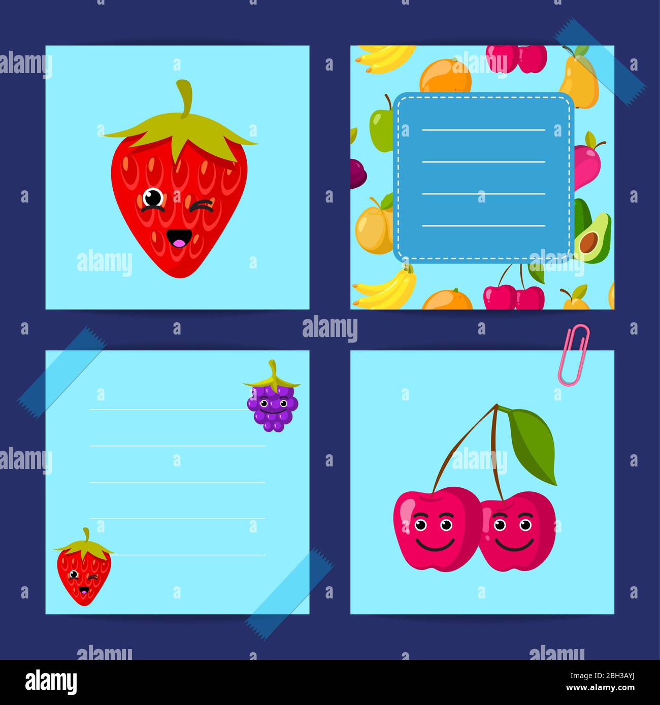 Vector flat cute raspberry, cherry, blackberry fruits with face